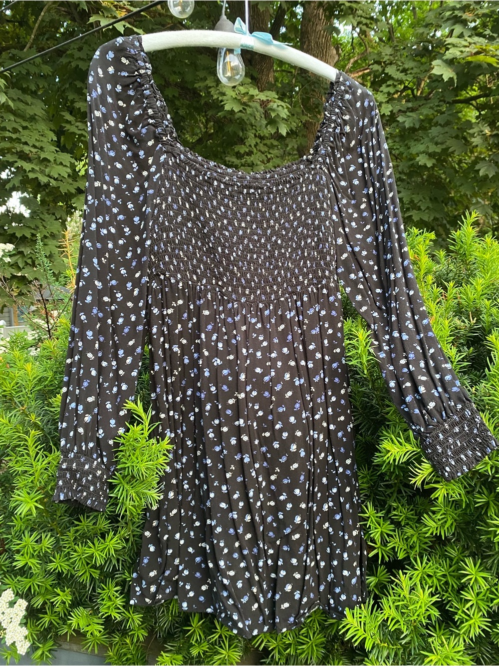Wild Fable Black Smock Short Dress with Blue and White Flower Print